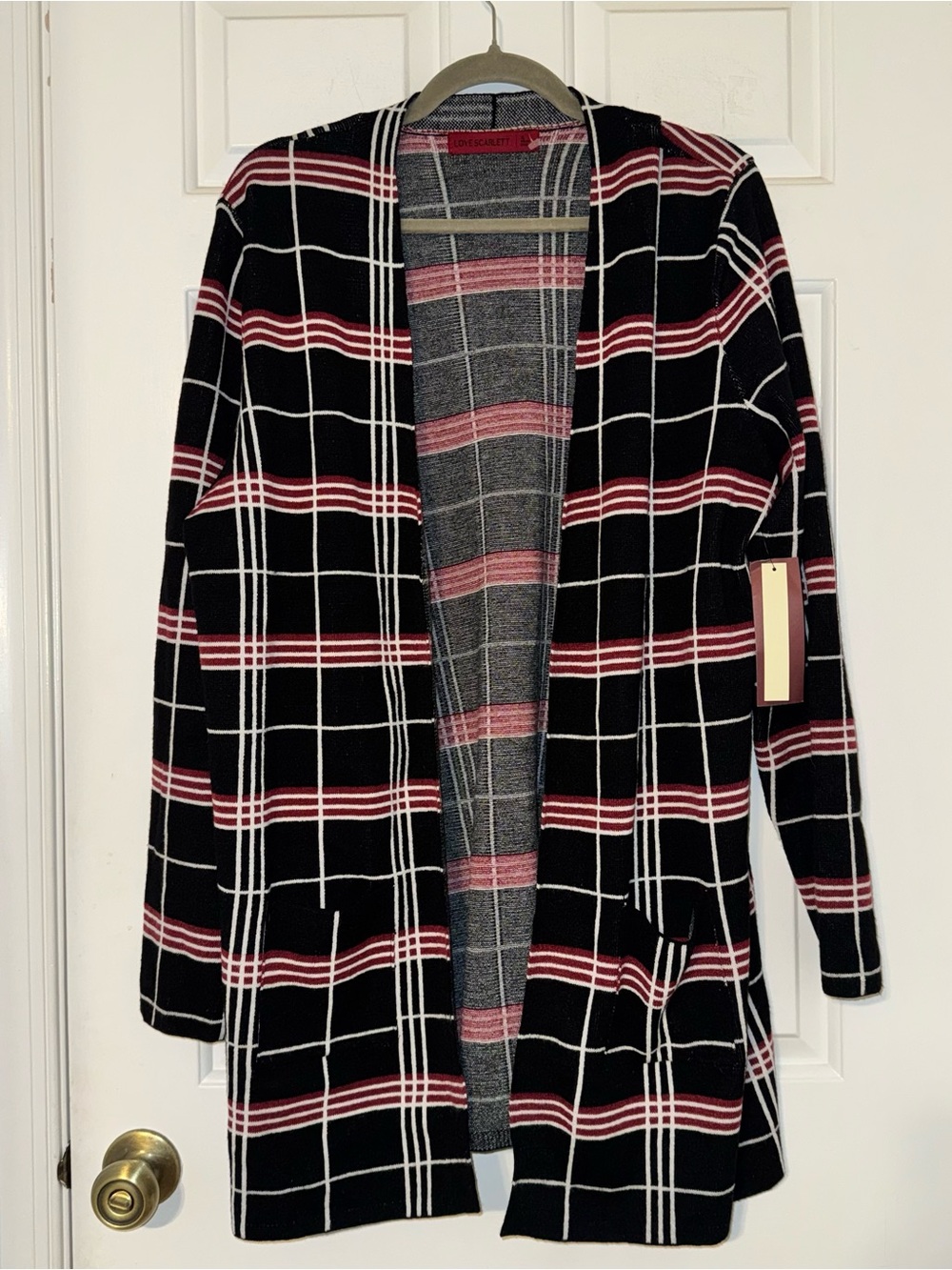 Love Scarlett Black Plaid Open-Front Cardigan sweater red white stripes XL NWT